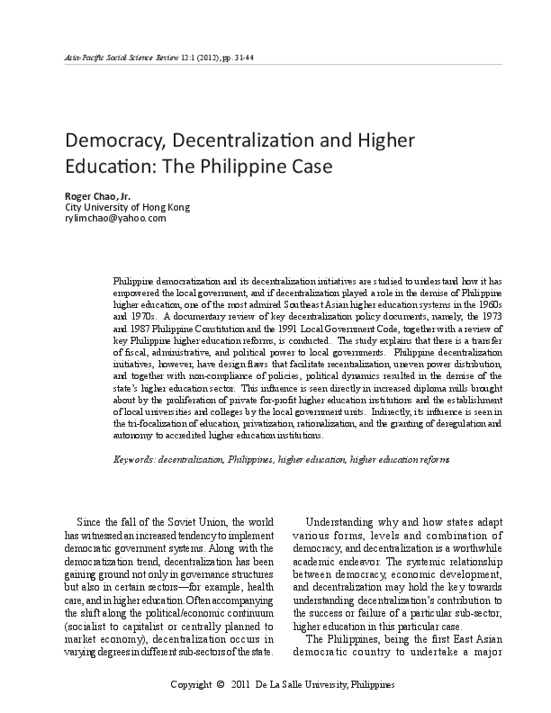 (PDF) Democracy, Decentralization and Higher Education: the Philippines ...