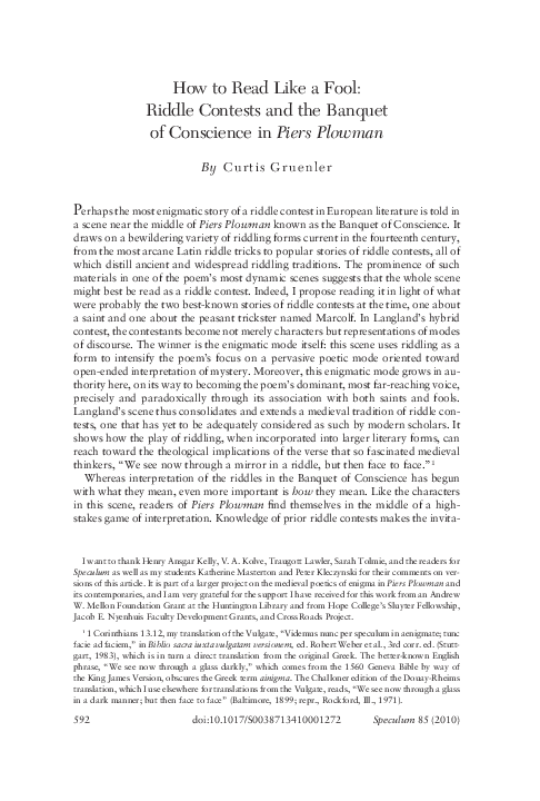 How to Read Like a Fool: Riddle Contests and the Banquet of Conscience in Piers Plowman