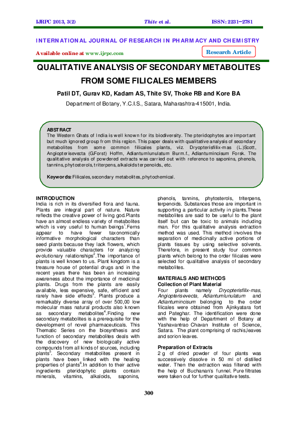 (PDF) QUALITATIVE ANALYSIS OF SECONDARY METABOLITES FROM SOME FILICALES ...