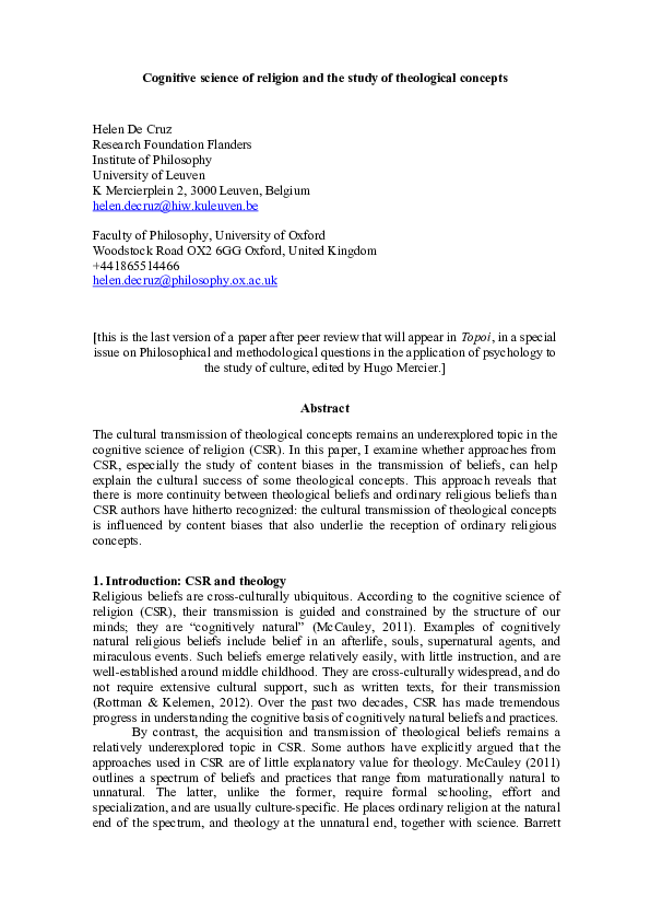 (PDF) Cognitive Science of Religion and the Study of Theological Concepts