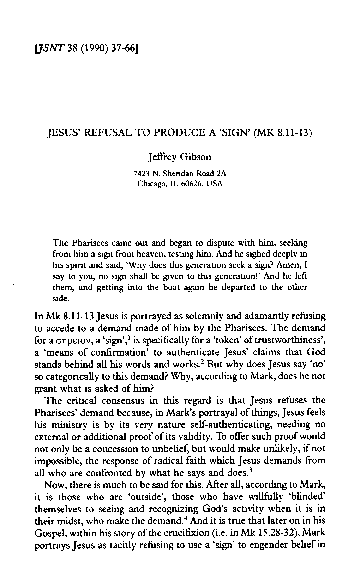 First page of “Jesus' Refusal To Produce a 'Sign' (Mk 8.11-13)”