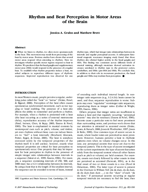(PDF) Rhythm and beat perception in motor areas of the brain