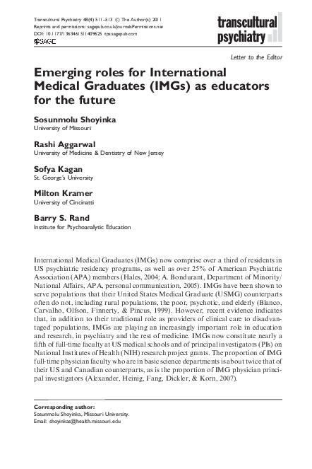 (PDF) Emerging roles for International Medical Graduates (IMGs) as ...