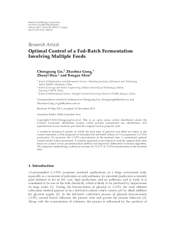 (PDF) Optimal Control of a Fed-Batch Fermentation Involving Multiple Feeds