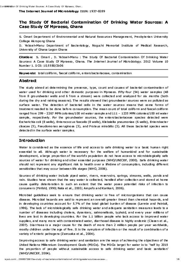(PDF) The Study Of Bacterial Contamination Of Drinking Water Sources: A ...