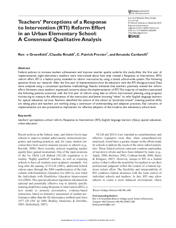 (PDF) Teachers’ Perceptions of a Response to Intervention (RTI) Reform ...