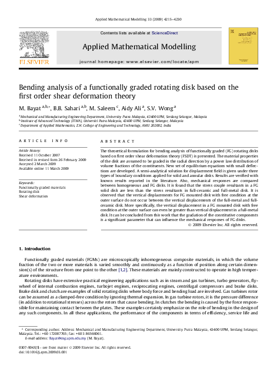 (PDF) Bending analysis of a functionally graded rotating disk based on