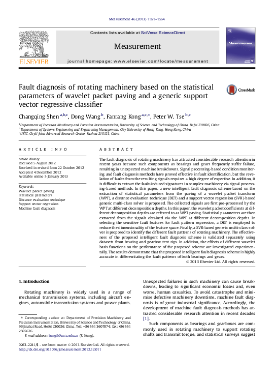 (PDF) Fault diagnosis of rotating machinery based on the statistical ...