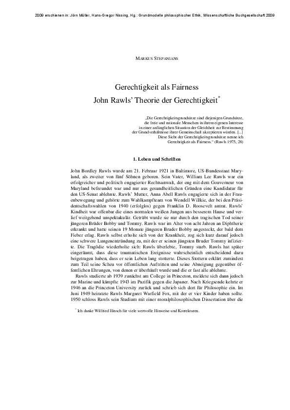 John Rawls Gerechtigkeit Als Fairness (PDF) Rawls' Gerechtigkeit als Fairness