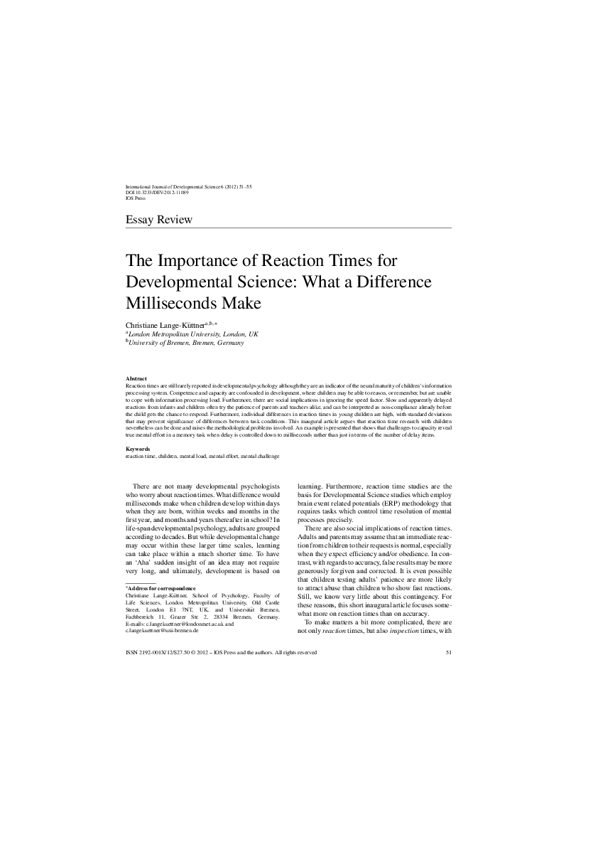 (PDF) The importance of reaction times for developmental science: What ...