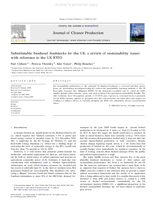 (DOC) Substitutable biodiesel feedstocks for the UK: a review of ...