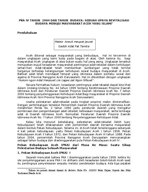 Doc Pka Iv Tahun 2004 Dan Tahun Budaya Sebuah Upaya Revitalisasi Budaya Menuju Masyarakat Aceh Yang Islami Pka Iv Year In 2004 And Year Culture An Effort To Cultural Revitalisation Aceh The