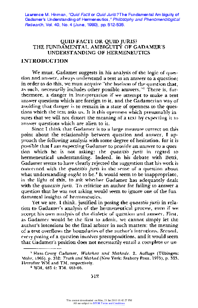 (PDF) Quid facti or quid juris? The Fundamental Ambiguity of Gadamer’s ...