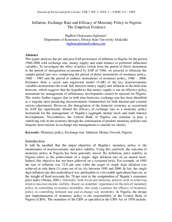 (PDF) Inflation, Exchange Rate and Efficacy of Monetary Policy in Nigeria