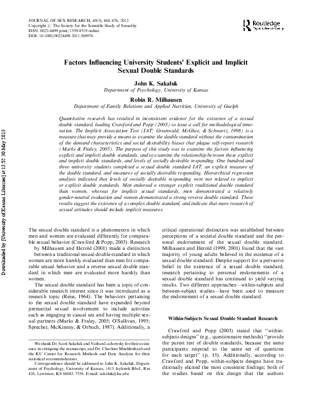 Pdf Factors Influencing University Students Explicit And Implicit Sexual Double Standards John Sakaluk Academia Edu