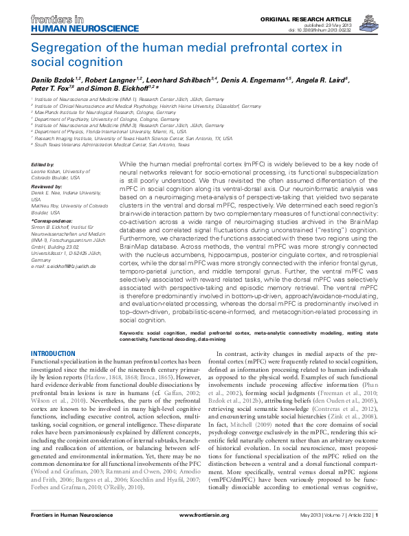 (PDF) Segregation of the human medial prefrontal cortex in social cognition