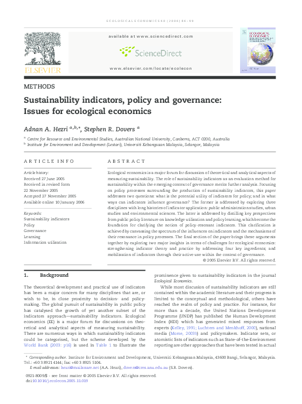 (PDF) Sustainability Indicators, Policy and Governance for Ecological ...