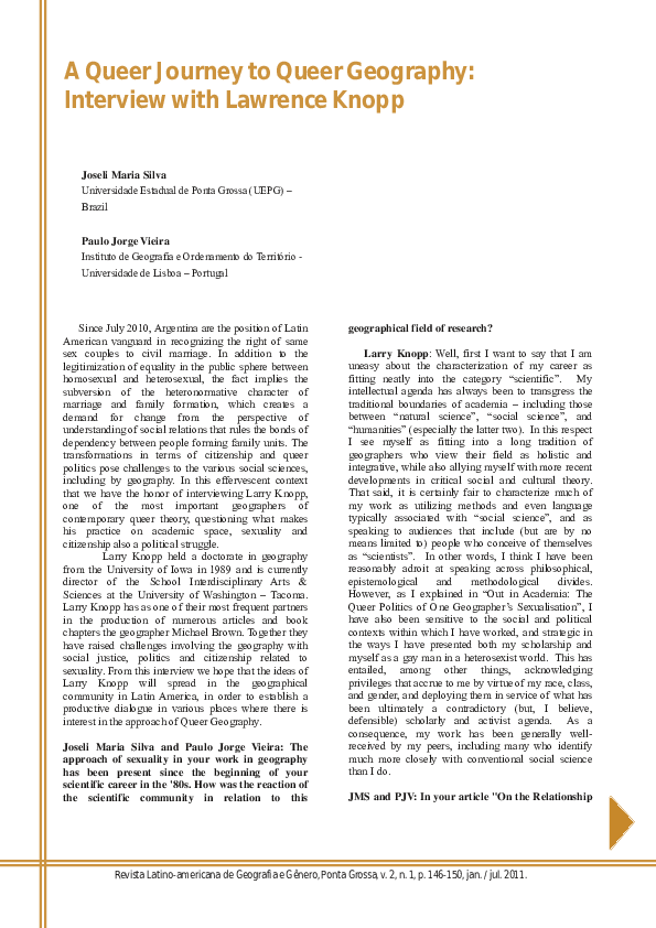 First page of “A Queer Journey to Queer Geography: Interview with Lawrence Knopp”