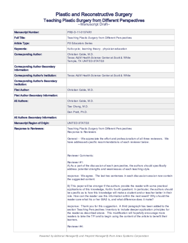 (PDF) Plastic and Reconstructive Surgery Teaching plastic surgery from