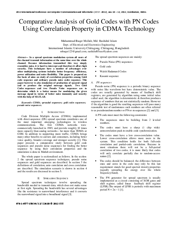 (PDF) [2] Comparative Analysis of Gold Codes with PN Codes Using