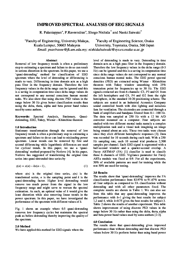 (PDF) IMPROVED SPECTRAL ANALYSIS OF EEG SIGNALS