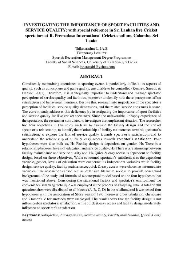 (PDF) Importance of sport facilities and Service quality Ishara Asiri