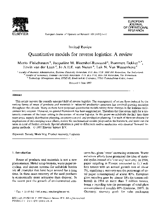 (PDF) Quantitative models for reverse logistics: a review