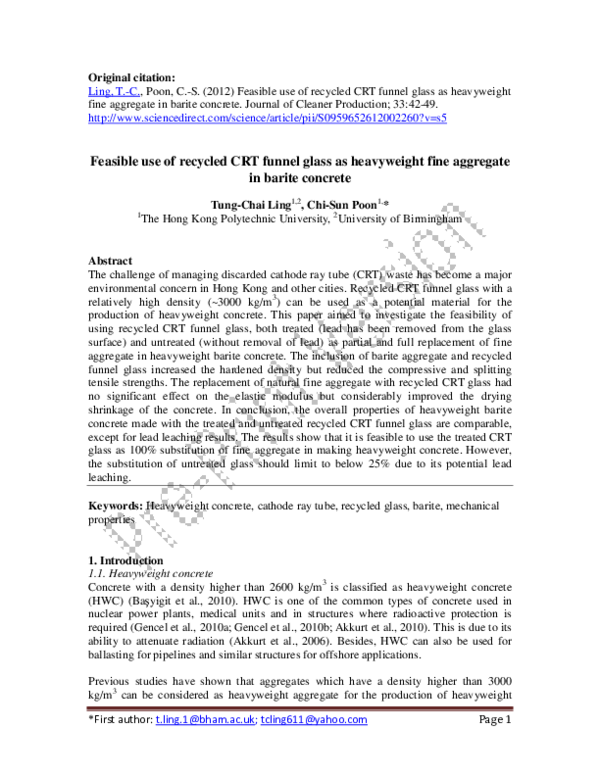 (PDF) Feasible use of recycled CRT funnel glass as heavyweight fine