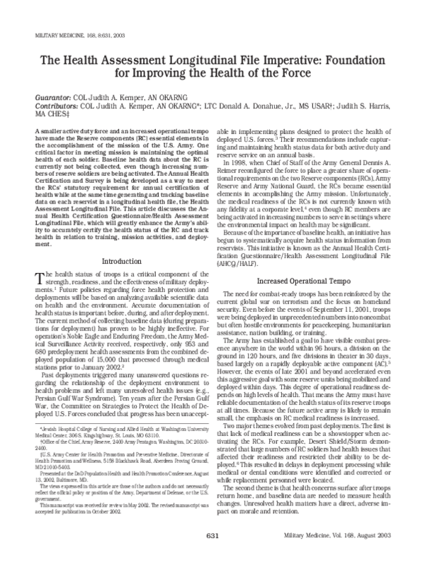 (PDF) The Health Assessment Longitudinal File Imperative