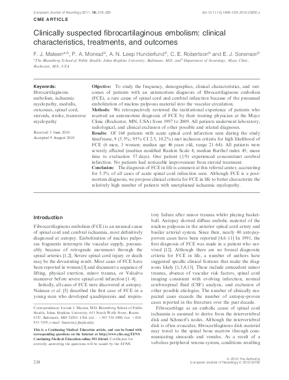 Pdf Clinically Suspected Fibrocartilaginous Embolism Clinical Characteristics Treatments And Outcomes Farrah Mateen Academia Edu