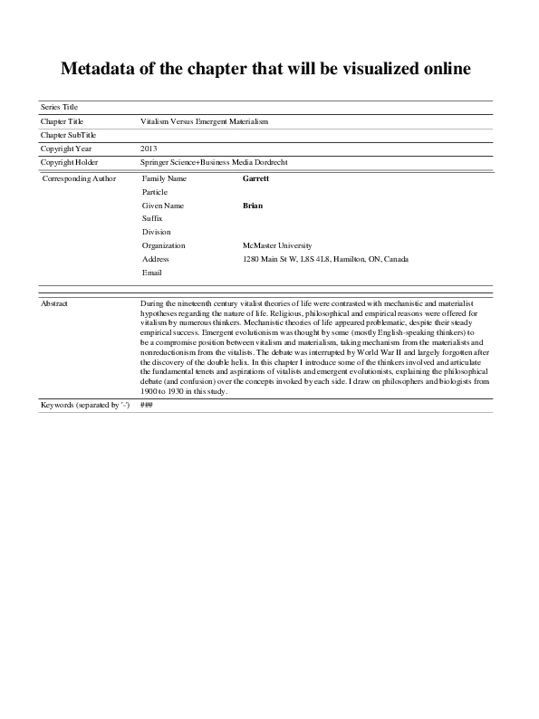 (PDF) Vitalism Versus Emergent Materialism