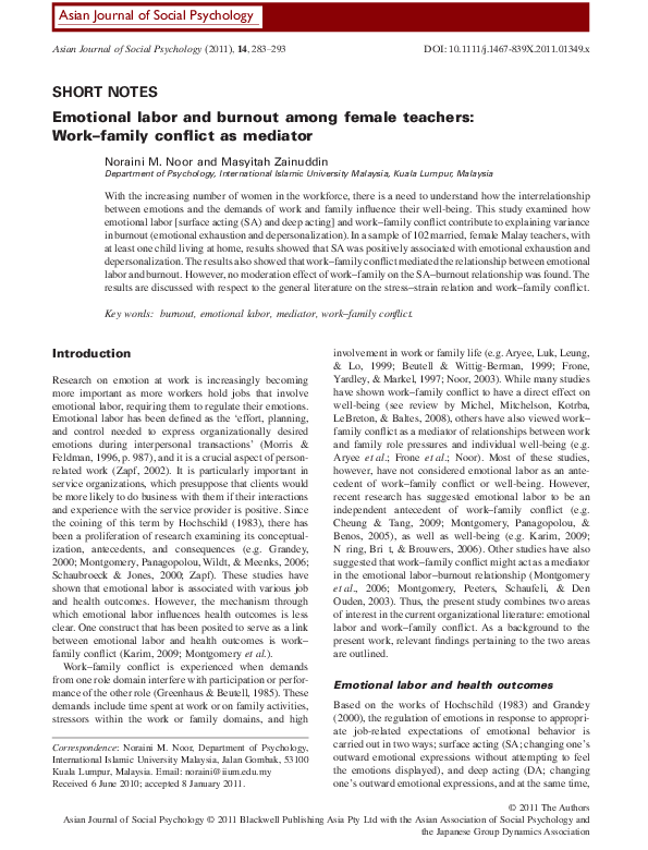 (PDF) Emotional labor and burnout among female teachers: Work family ...