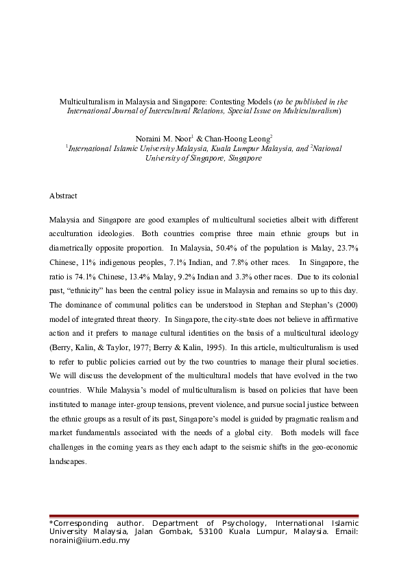 (DOC) Multiculturalism in Malaysia and Singapore: Contesting Models