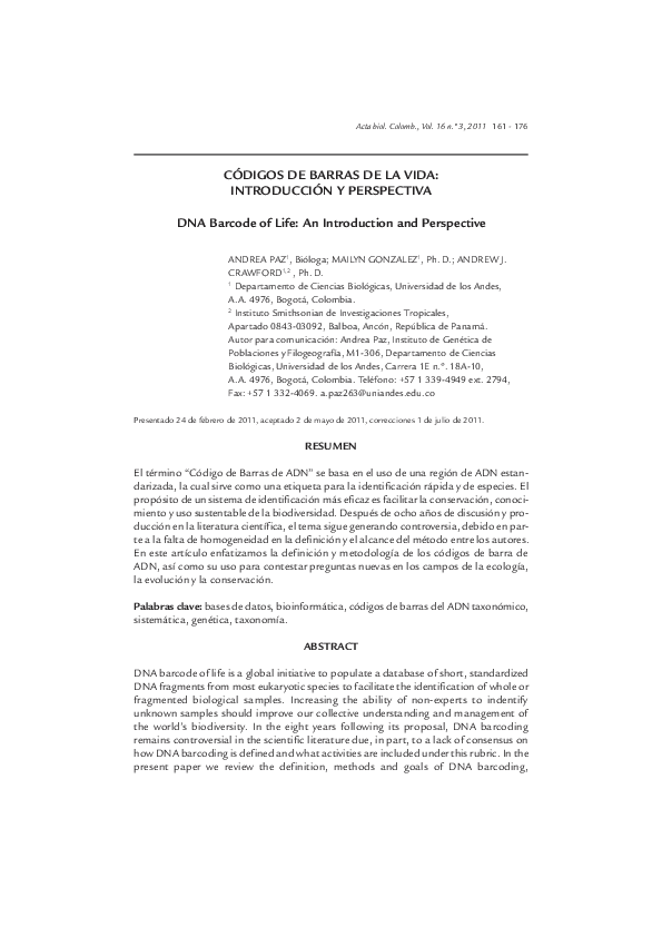 (PDF) CÓDIGOS DE BARRAS DE LA VIDA INTRODUCCIÓN Y PERSPECTIVA