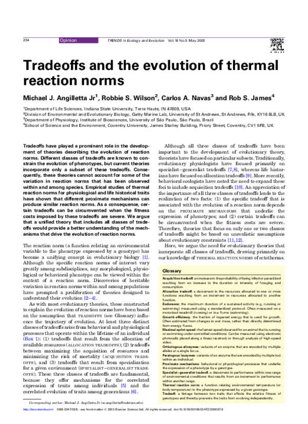 Pdf Tradeoffs And The Evolution Of Thermal Reaction Norms - 