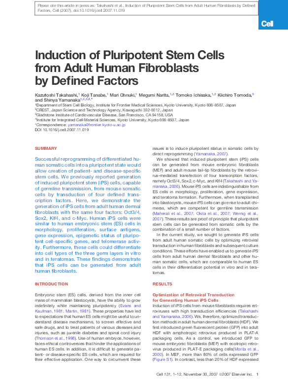 (PDF) Induction of Pluripotent Stem Cells from Adult Human Fibroblasts ...