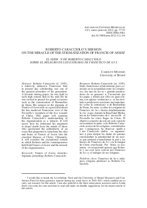 “Roberto Caracciolo’s Sermon on the Miracle of the Stigmatization of Francis of Assisi.” Annuario de Estudios Medievales 42 (2012), pp. 77–93. doi:10.3989/aem.2012.42.1.04