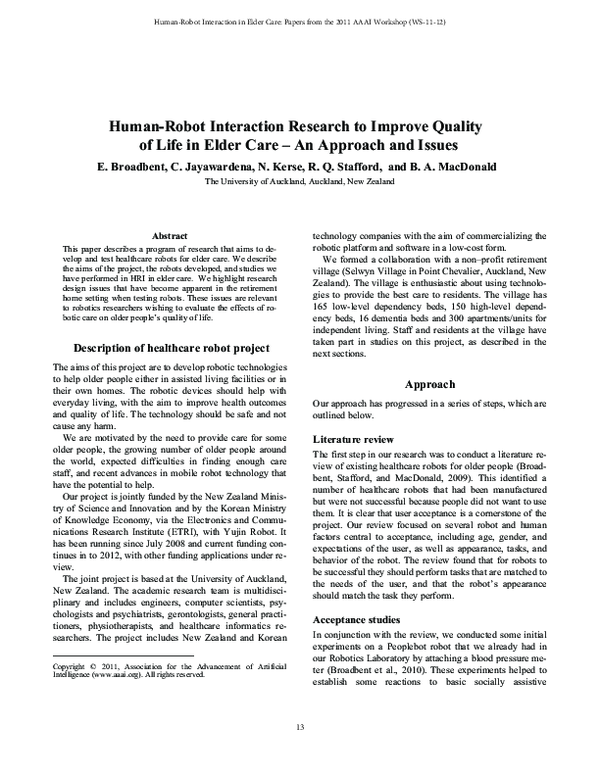 (PDF) Human-Robot Interaction Research to Improve Quality of Life in ...