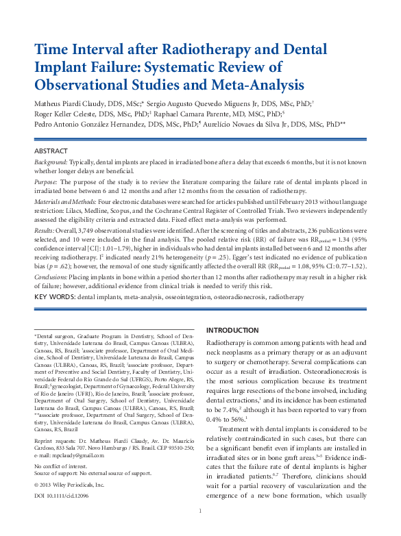 (PDF) Time Interval after Radiotherapy and Dental Implant Failure