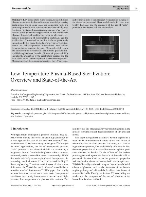 Low temperature plasma-based sterilization overview and state-of-the-art