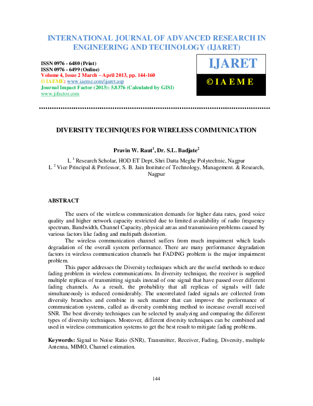 (PDF) DIVERSITY TECHNIQUES FOR WIRELESS COMMUNICATION iaeme iaeme
