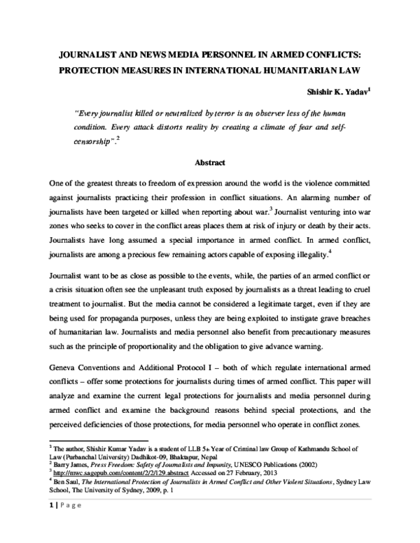 (PDF) Journalist and News Media Personnel in Armed Conflicts ...