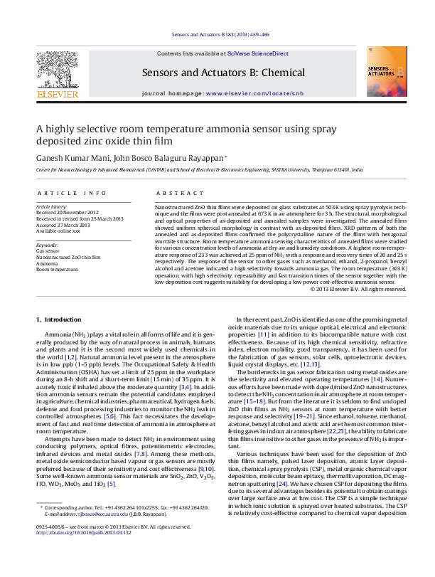(PDF) A highly selective room temperature ammonia sensor using spray ...