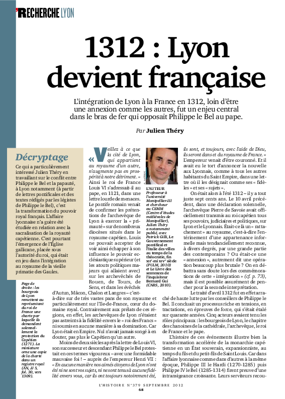 PDF) « 1312 : Lyon devient française », "L'histoire", 379, 2012, p. 68-73.