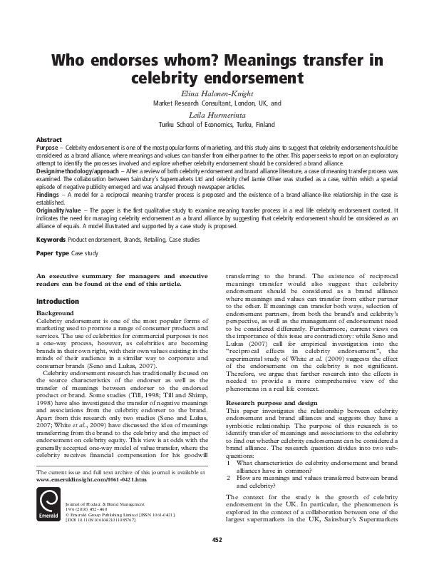 (PDF) Who endorses whom? Meanings transfer in celebrity endorsement