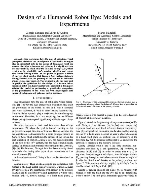 (PDF) Design of a Humanoid Robot Eye: Models and Experiments