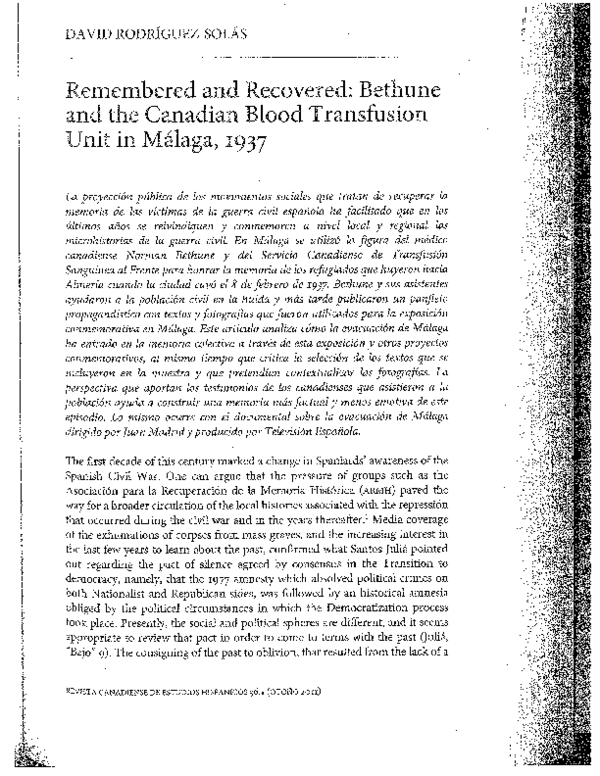 First page of “Remembered and Recovered: Bethune and The Canadian Blood Transfusion Unit in Málaga, 1937”