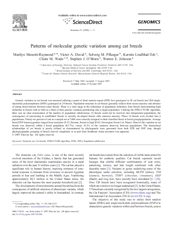 (PDF) Patterns of molecular genetic variation among cat breeds