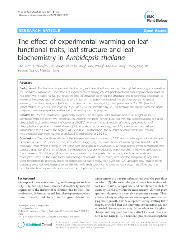 (PDF) The effect of experimental warming on leaf functional traits ...