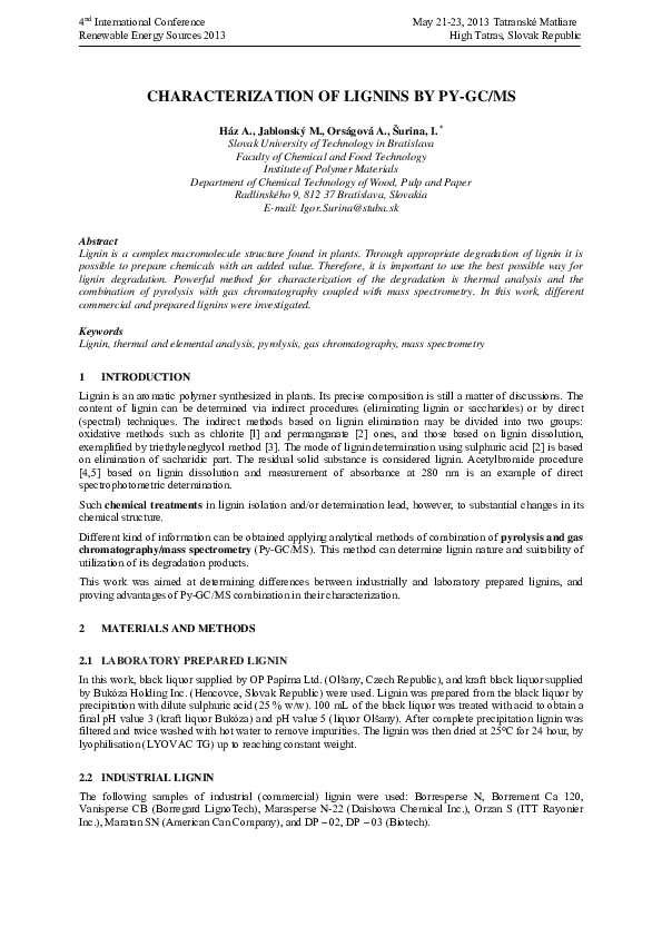 (PDF) CHARACTERIZATION OF LIGNINS BY PY-GC/MS